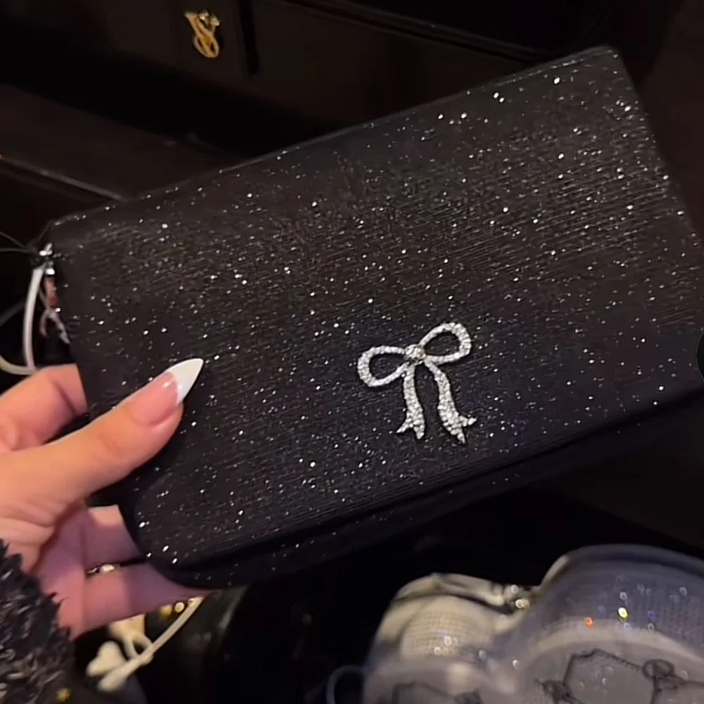 Victoria’s Secret Black Sparkle Bow Phone Wristlet Clutch Wallet Y2K NWT
